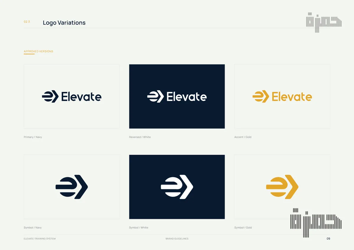 Brand guidelines page showing the Elevate logo in navy, white and gold versions