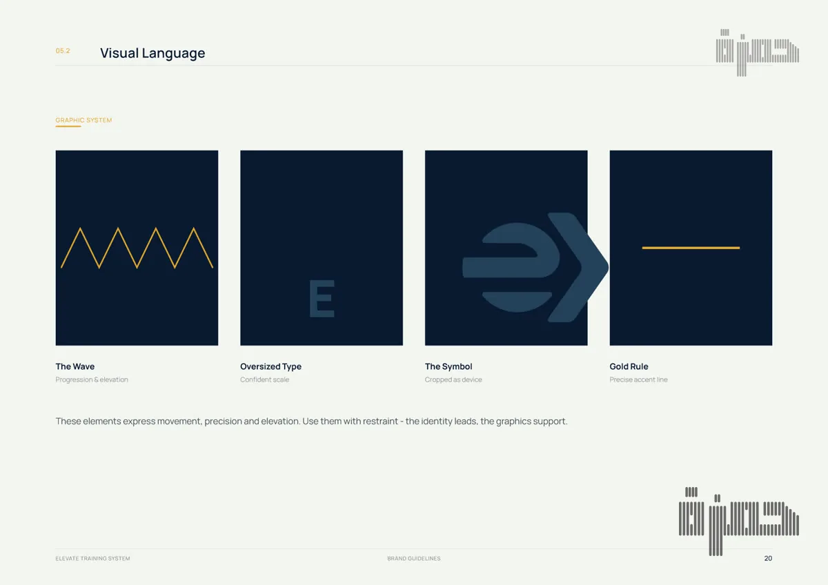 Brand guidelines page showing the graphic elements: wave, oversized type, symbol and gold rule