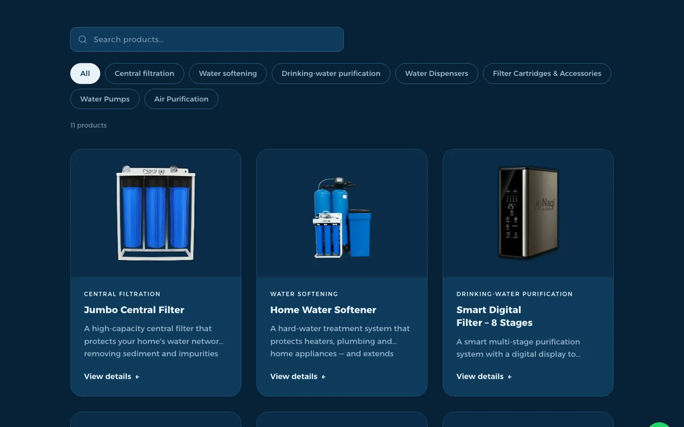 NAQI products page with category filters and product cards